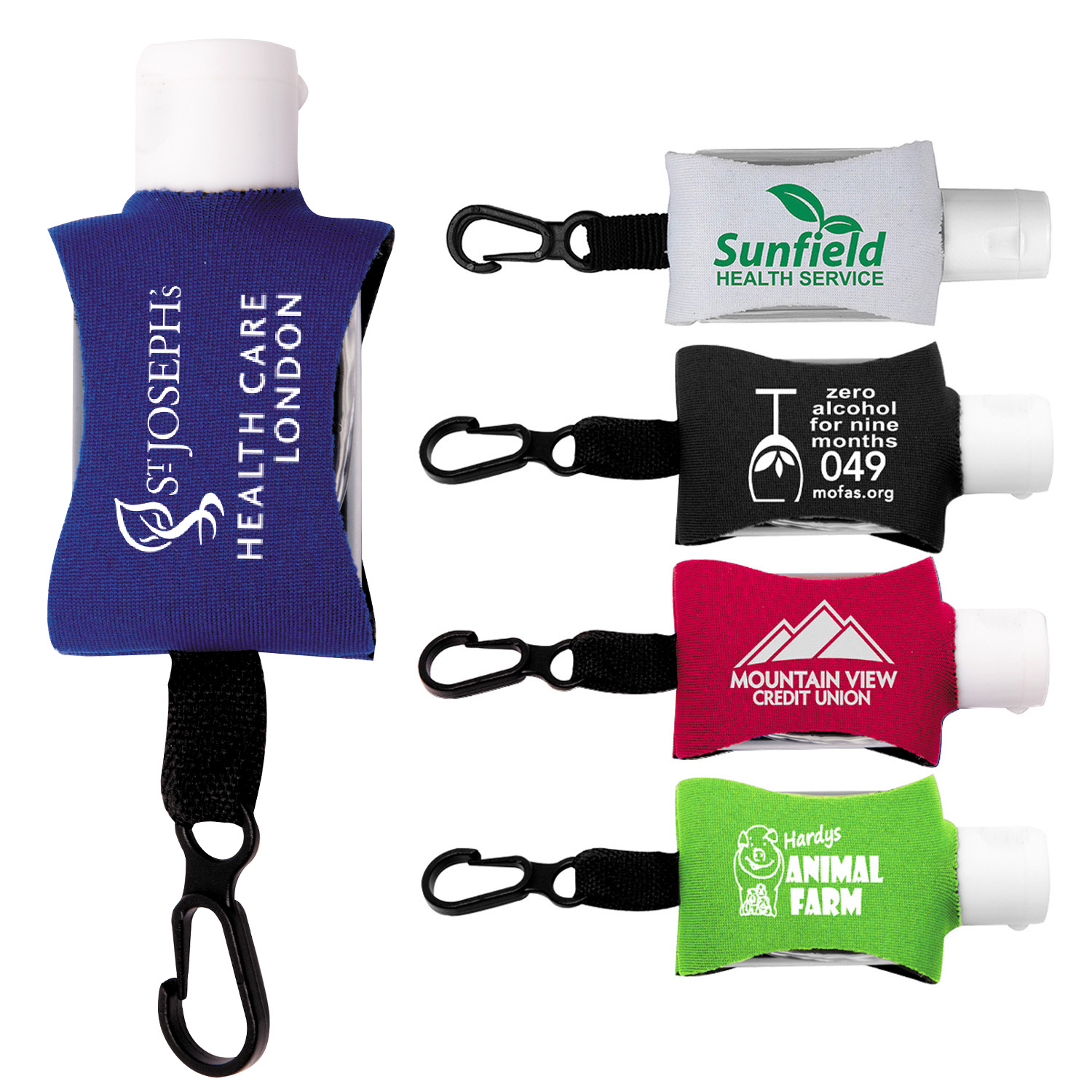 “SanPal Sleeve” .5 oz Hand Sanitizer Antibacterial Gel in Clip-On Neoprene Sleeve Cover